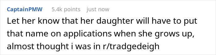 Comment discussing a couple's newborn with a bizarre name causing tension, referencing real Tragedeigh.
