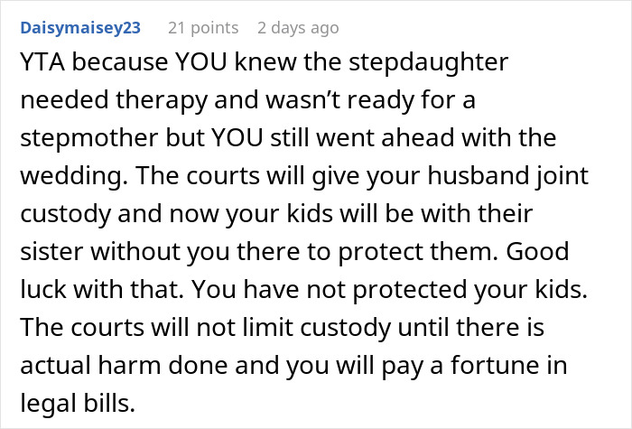 Commenter criticizes woman for stepdaughter issues and in-laws&rsquo; interference, leading to her leaving husband after 8 years.