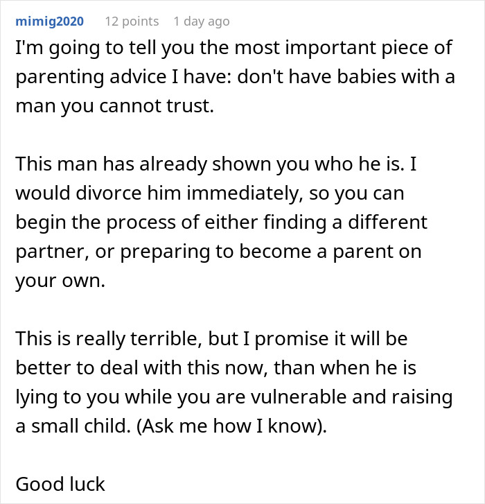 Screenshot of online comment advising not to have babies with an untrustworthy man risking future child’s health and trust issues. Screenshot of online comment advising not to have babies with an untrustworthy man risking future child’s health and trust issues.