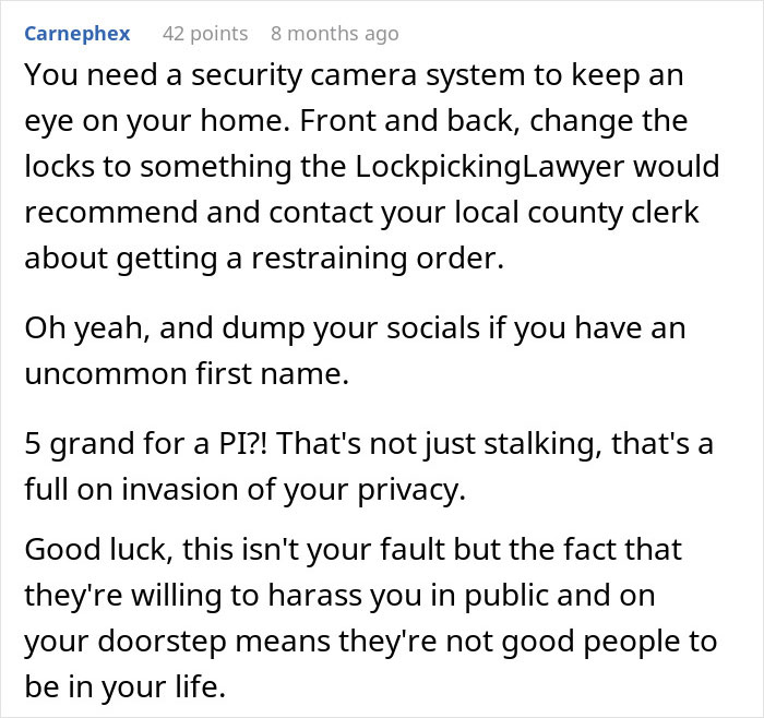 Screenshot of an online comment advising security measures against family stalking and privacy invasion concerns.
