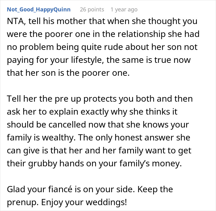 Comment advising to keep a prenup after future in-laws reverse demand upon learning of woman&rsquo;s wealthy family background.