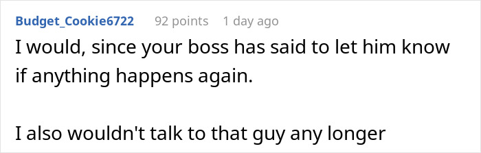 Comment on a forum discussing a guy telling coworker she should stay home and birth babies, user advises reporting him. Comment on a forum discussing a guy telling coworker she should stay home and birth babies, user advises reporting him.