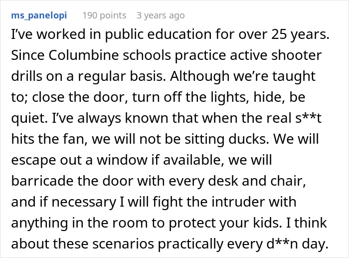 Comment from a public education worker sharing mass shooting survival tips based on active shooter drills experience. Comment from a public education worker sharing mass shooting survival tips based on active shooter drills experience.