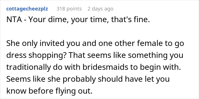 Screenshot of a Reddit comment discussing a painful wedding dress shopping trip as a friendship wake-up call. Screenshot of a Reddit comment discussing a painful wedding dress shopping trip as a friendship wake-up call.