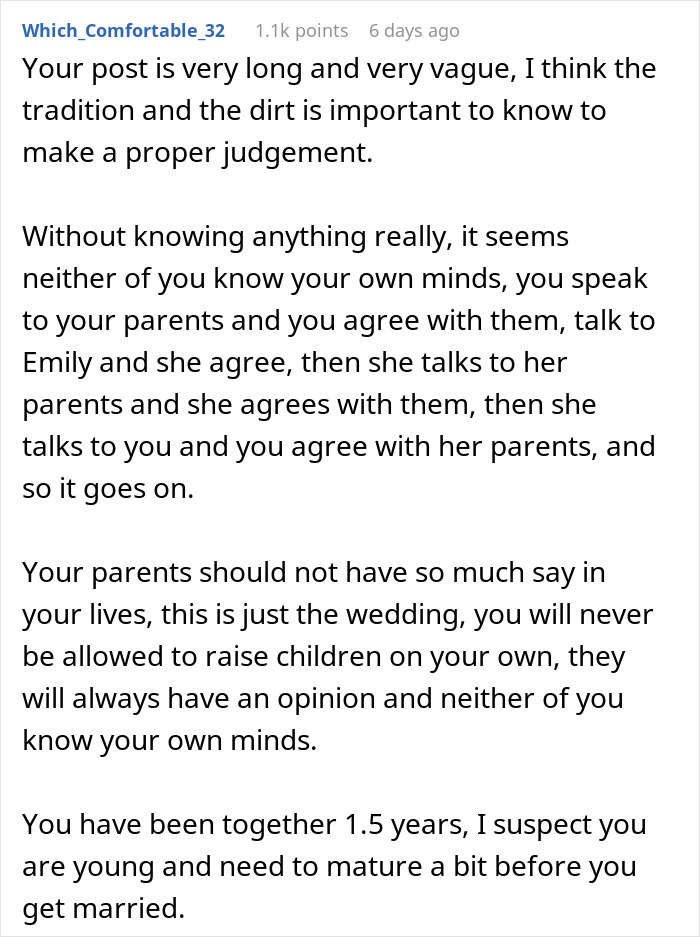 Alt text: Online forum discussion about man considering canceling wedding after fianc&eacute;e&rsquo;s family hires PI to uncover dirt.