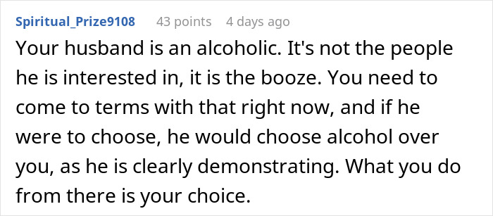 Reddit comment discussing a woman upset about her husband's boys&rsquo; nights and his preference for alcohol over her.