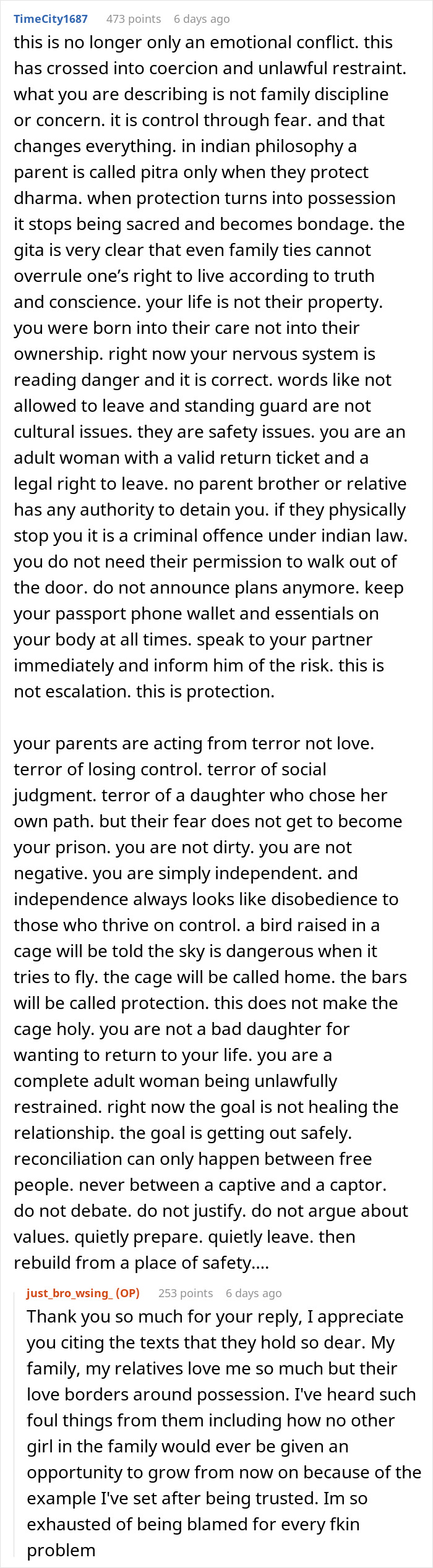 Text from an online discussion about being held hostage at parents&rsquo; place, addressing coercion and unlawful restraint advice.