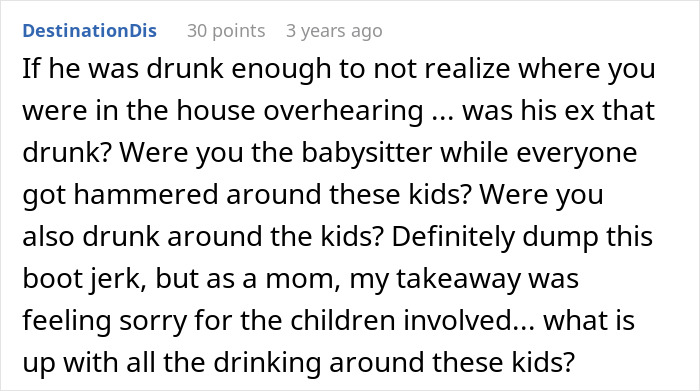 Comment discussing concerns about a shameless guy flirting with his baby mama while babysitting around children and drinking.