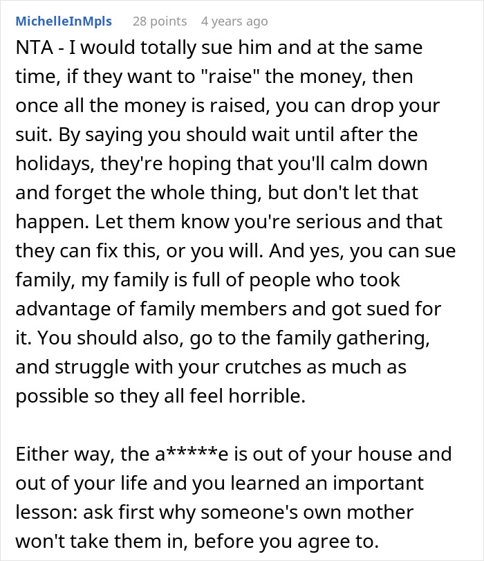 Screenshot of a Reddit comment advising on suing cousin for a cruel prank and facing the aunt&rsquo;s unexpected reaction.