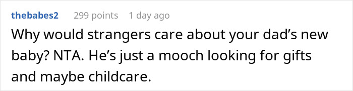 Reddit comment criticizing dad cutting off late wife&rsquo;s family then demanding they welcome his new baby, teen calls him out.