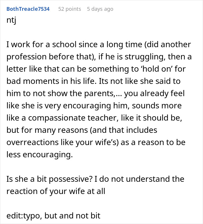 Commenter discusses mom furious over teacher&rsquo;s note to her son, with dad thinking she&rsquo;s overreacting to the situation.