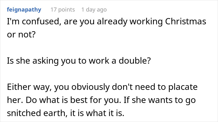 Reddit comment discussing entitlement and working on Christmas due to kids, questioning the request and offering advice.