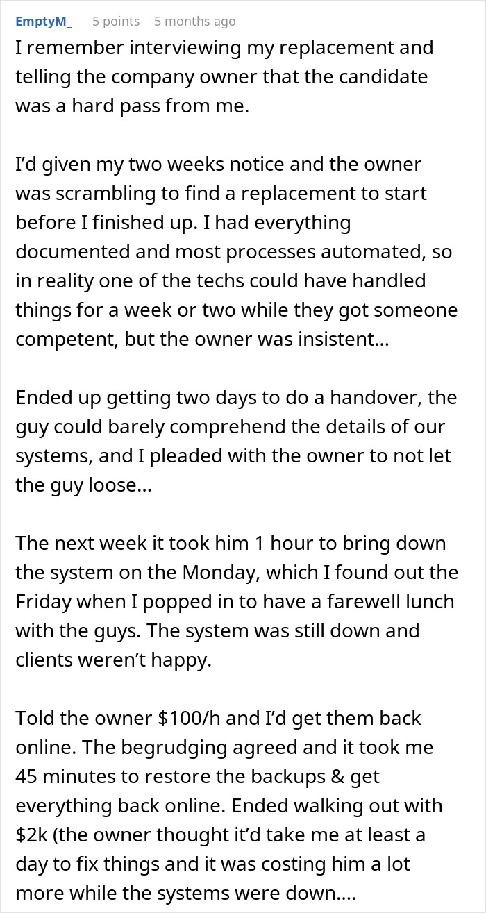 Text post describing a boss making employee hire his crush, leading to disastrous work consequences. Text post describing a boss making employee hire his crush, leading to disastrous work consequences.
