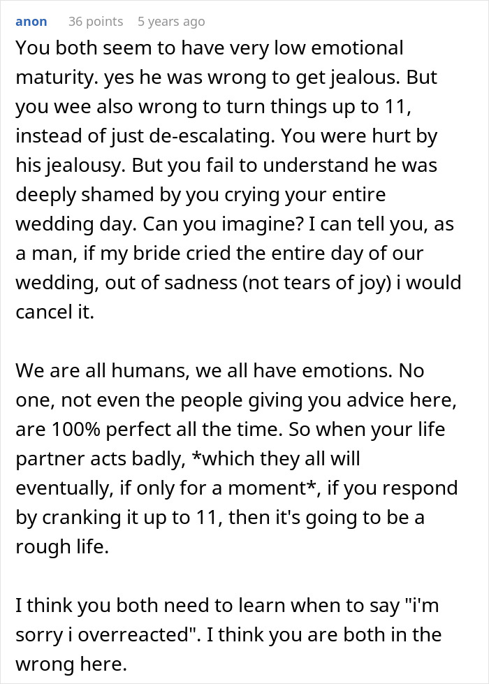 Comment discussing emotional maturity and reactions in a marriage that fell apart within two weeks after wedding issues.