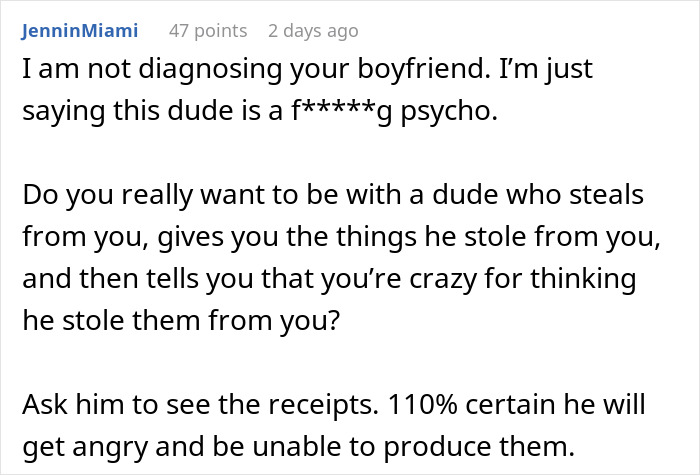 Comment discussing a woman confused about Christmas gifts from boyfriend matching items that went missing earlier.
