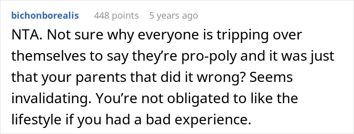 Screenshot of an online comment discussing parents favoring polyamorous partners over their child and the resulting trauma. Screenshot of an online comment discussing parents favoring polyamorous partners over their child and the resulting trauma.