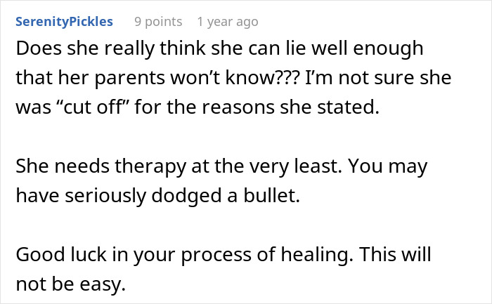 Reddit comment discussing a man wondering if his relationship is doomed after girlfriend pressures him to lie about career.