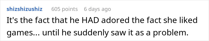 Comment on a forum post discussing a guy mocking his girlfriend for playing video games to unwind, calling it not ladylike.