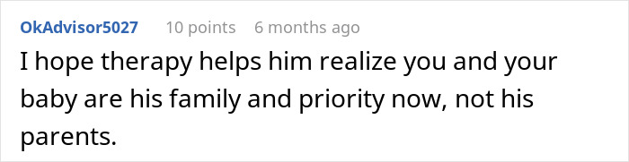 Comment text stating hope that therapy helps husband prioritize his wife and baby over his mother&rsquo;s influence.