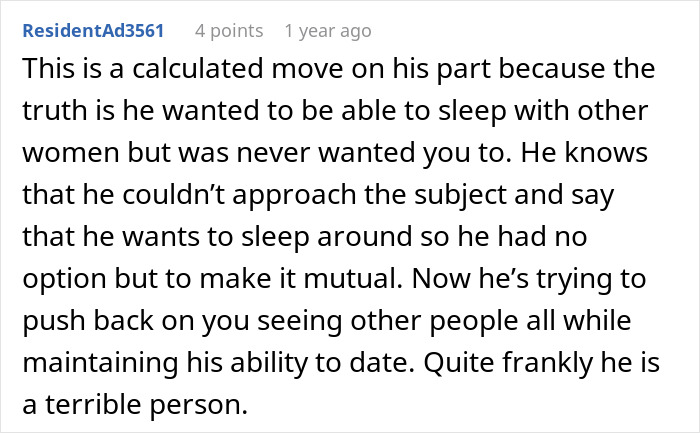 Alt text: Screenshot of a Reddit comment discussing a man pushing for open marriage and struggling with insecurity. Alt text: Screenshot of a Reddit comment discussing a man pushing for open marriage and struggling with insecurity.