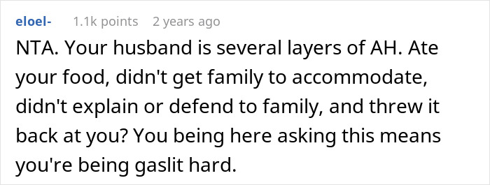 Screenshot of a comment discussing a husband and family conflict involving a picky eater with allergies.