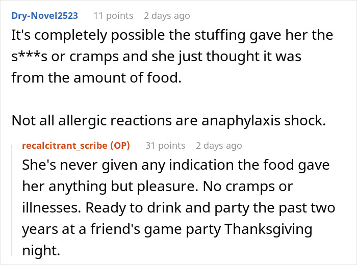 Screenshot of a Reddit thread discussing a woman calling out her sister-in-law for pretending to have a food allergy.
