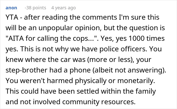 Online comment discussing family conflict over woman involving half-brother arrested for stealing her car.