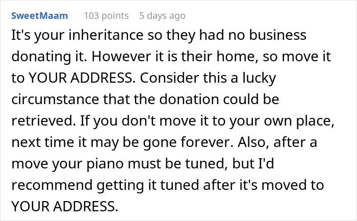 Parents donate daughter&rsquo;s inherited piano to church but face shame after she calls pastor to retrieve it.