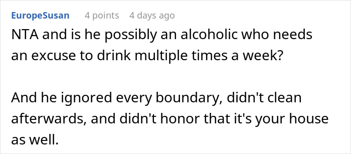 Screenshot of a woman&rsquo;s comment discussing boundary issues during boys&rsquo; nights at their house after they go too far.