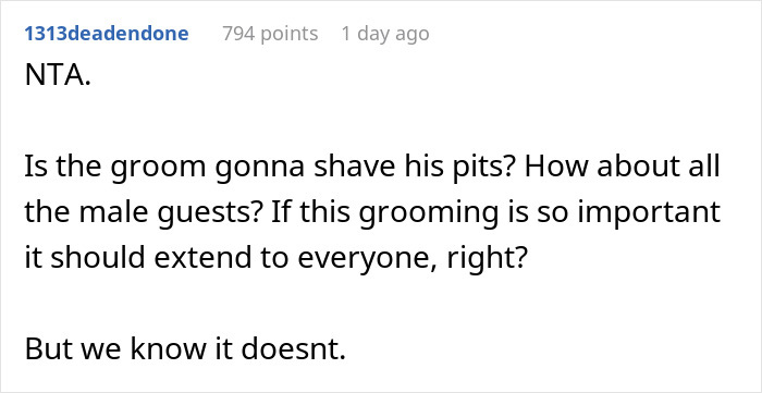 Screenshot of a forum comment discussing discomfort over bride and groom taking a woman&rsquo;s hairy armpits as an insult.