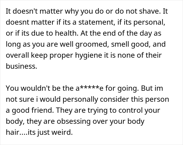Text discussing personal hair grooming choices and opinions on guests uncomfortable with hairy armpits at events.