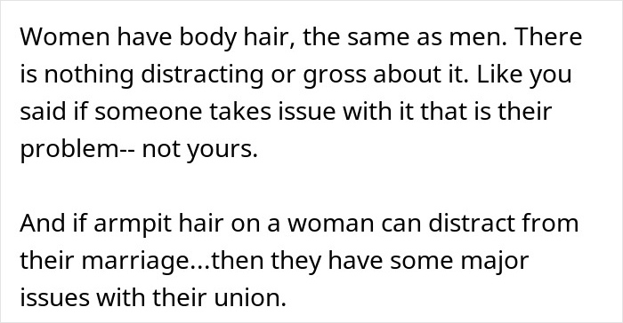 Text image discussing how women having body hair is natural and that discomfort over a woman's hairy armpits can reflect deeper marital issues.