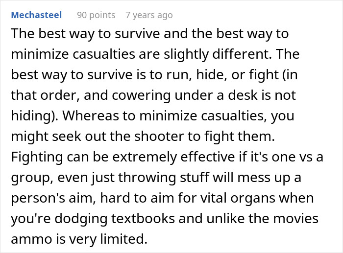 Text discussing mass shooting survival tips highlighting running, hiding, or fighting strategies to minimize casualties. Text discussing mass shooting survival tips highlighting running, hiding, or fighting strategies to minimize casualties.