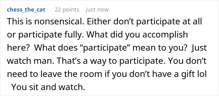 Comment about someone stealing their own white elephant gift and debating if the refund choice is genius or rude.