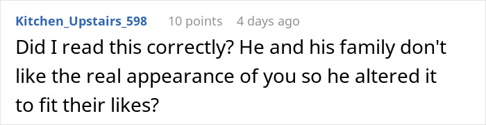 Text comment on screen about boyfriend editing face in every photo, questioning altering appearance to fit family preferences.