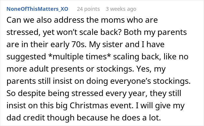 Comment highlighting stressed moms left to do all Christmas labor while adults claim feminism without helping.