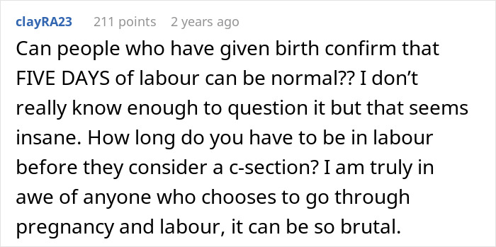 User comment discussing the normal duration of labor and questioning if five days of labor is typical or requires a c-section.