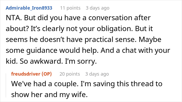 Reddit conversation about a guy wearing an inappropriate shirt as a dare to dinner with girlfriend&rsquo;s parents and the dad&rsquo;s reaction.