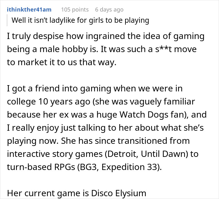 Text post discussing how a guy mocks his girlfriend for playing video games, calling it not ladylike.