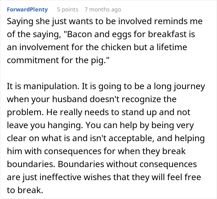 Forum comment discussing manipulation and husband&rsquo;s failure to stand up to mother affecting wife&rsquo;s boundaries.