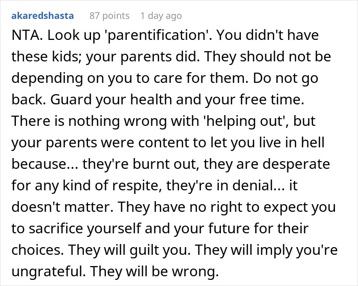 Exhausted Teen screenshot of Reddit comment advising against parentification and protecting health Exhausted Teen screenshot of Reddit comment advising against parentification and protecting health