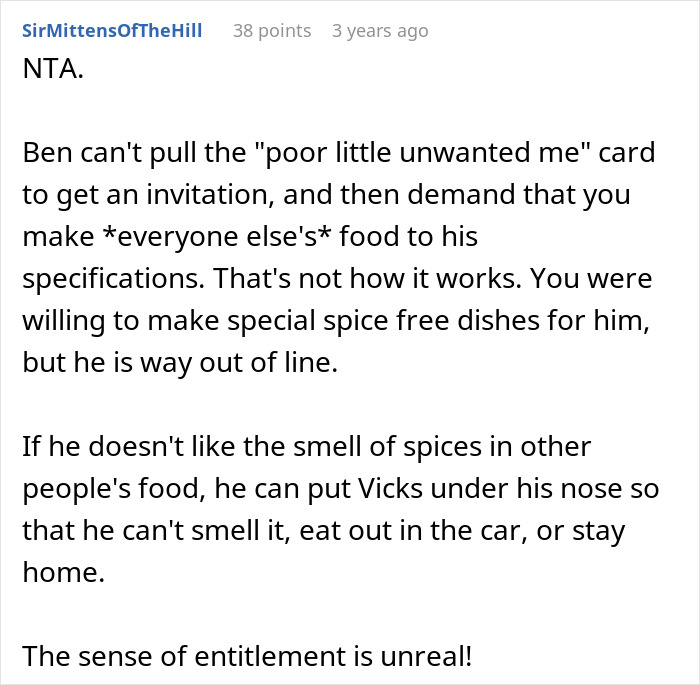 Comment discussing a picky eater demanding brother&rsquo;s in-laws change Christmas menu and receiving a reality check.