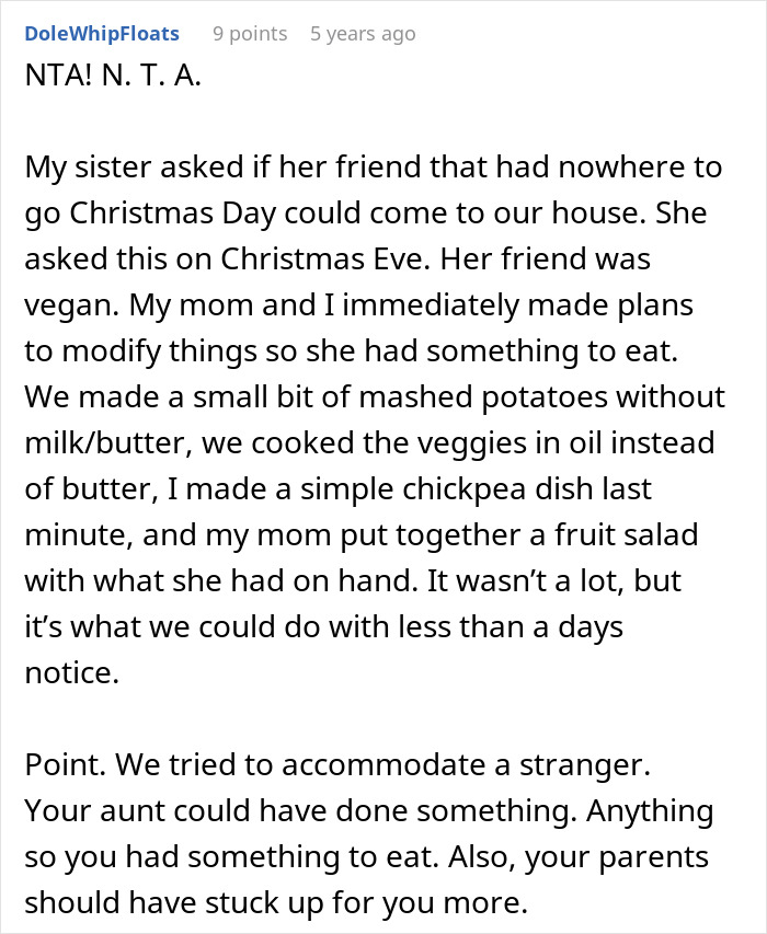 Comment explaining efforts to create no vegan options for Christmas Eve dinner with limited time and ingredients.
