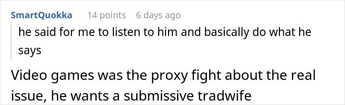 Screenshot of a Reddit comment discussing a guy mocking his girlfriend for playing video games to unwind as not ladylike.