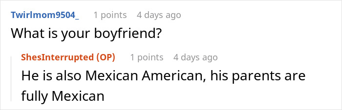 Screenshot of a Reddit conversation where a user asks about a boyfriend&rsquo;s background and gets a reply about Mexican American heritage.