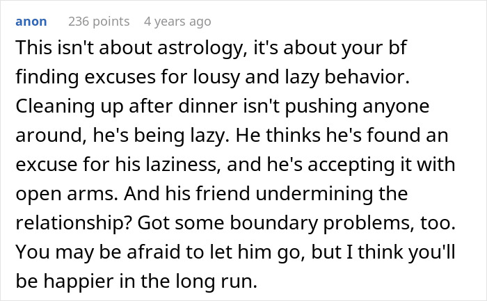 Screenshot of online comment discussing a cheating boyfriend blaming behavior on astrology and zodiac signs.