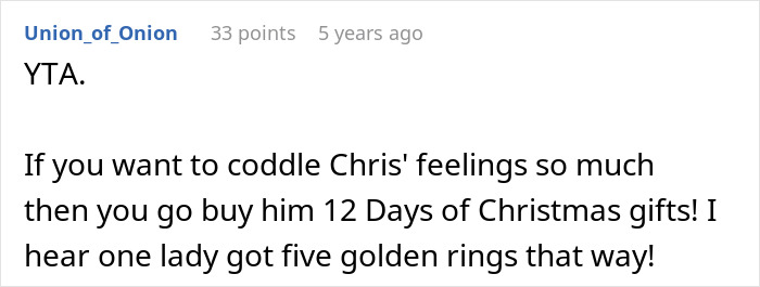 Comment discussing dad demanding family skip Hanukkah gifts due to son&rsquo;s tantrum and being spoiled.