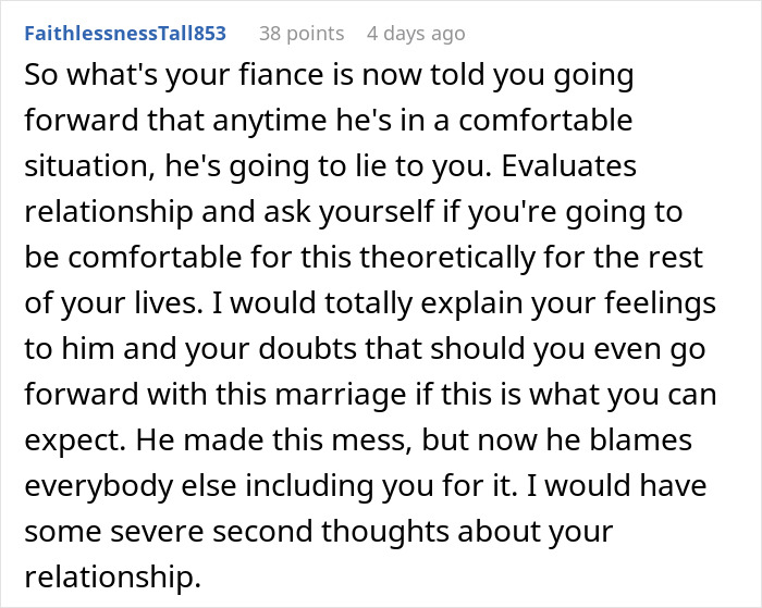 Comment discussing a woman rethinking her engagement after fianc&eacute;&rsquo;s lie about her family causes conflict during holiday dinner.