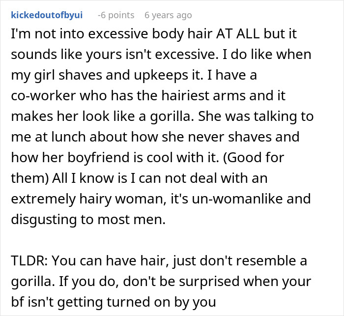 Comment discussing boyfriend&rsquo;s reaction to girlfriend&rsquo;s body hair and opinions on laser hair removal and appearance.