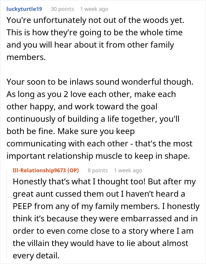 Reddit comments discussing bride’s parents throwing tantrums and being uninvited from the wedding after great aunt’s intervention. Reddit comments discussing bride’s parents throwing tantrums and being uninvited from the wedding after great aunt’s intervention.